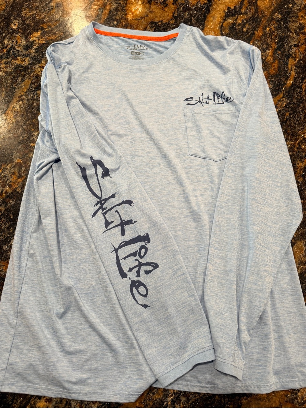 Salt Life Light Blue Long Sleeve Pocket Tee with Navy Sleeve Script